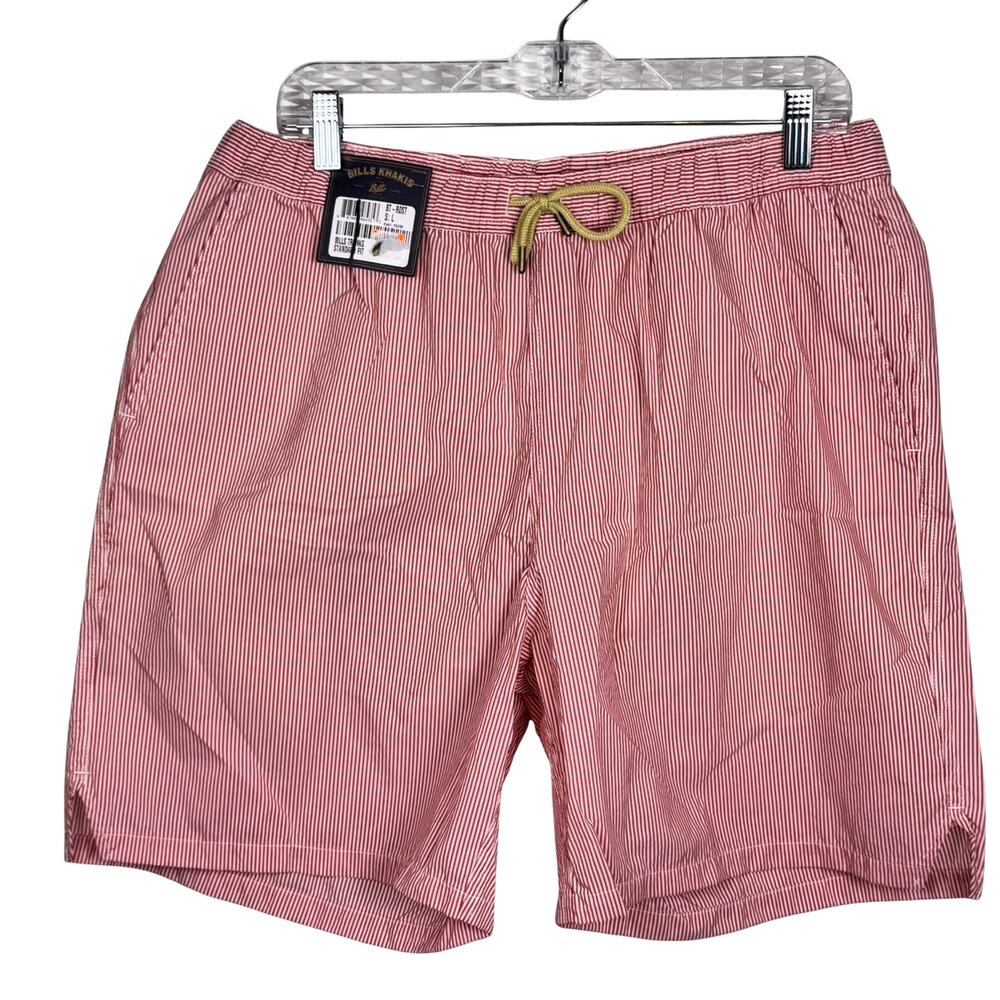 Bills Khakis Swim Trunks NWT Large Red White Seersucker Mesh Lined Elastic Waist